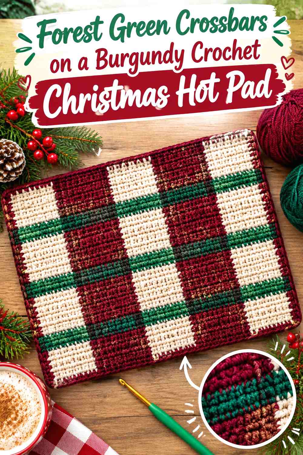 Forest Green Crossbars on a Burgundy Crochet Christmas Hot Pad