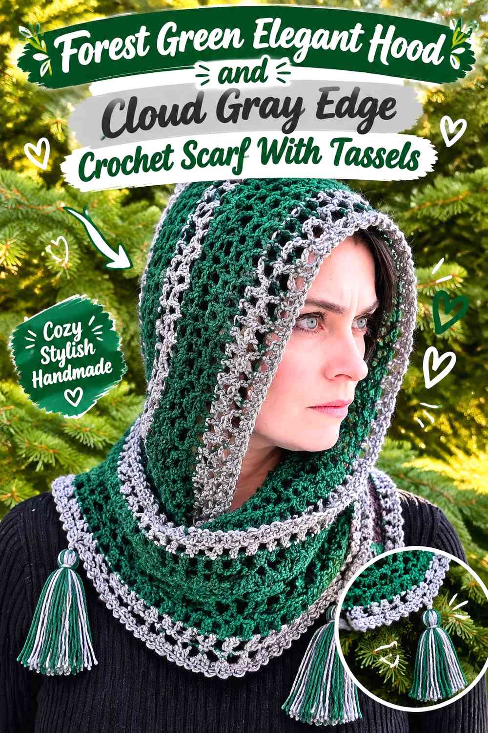 Forest Green Elegant Hood and Cloud Gray Edge Crochet Scarf With Tassels