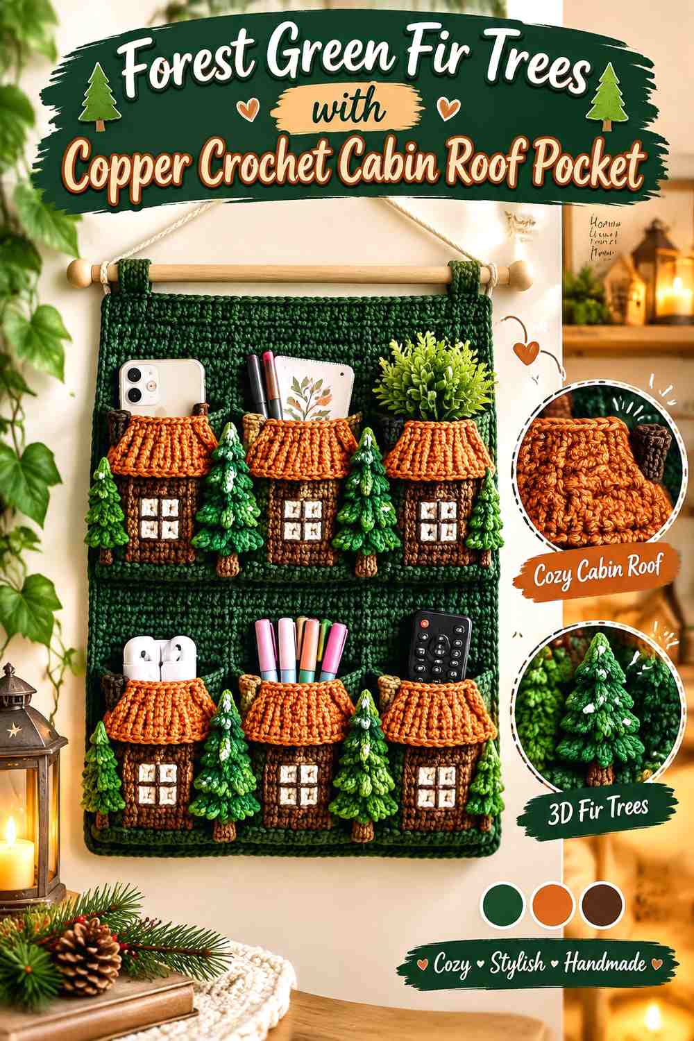 Forest Green Fir Trees with Copper Crochet Cabin Roof Pocket