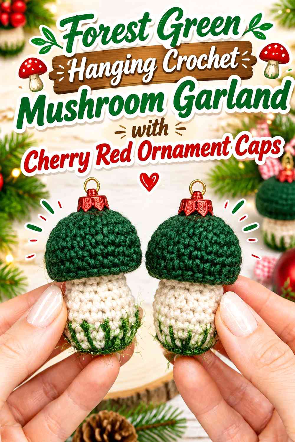 Forest Green Hanging Crochet Mushroom Garland with Cherry Red Ornament Caps