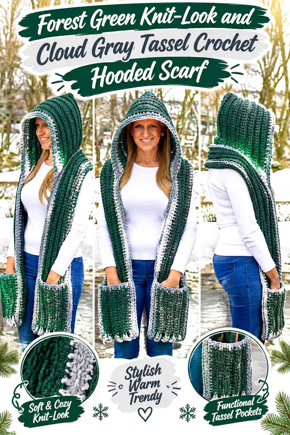 Forest Green Knit-Look and Cloud Gray Tassel Crochet Hooded Scarf