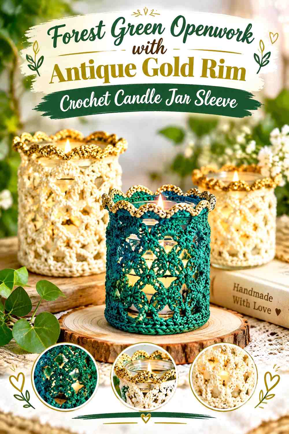 Forest Green Openwork with Antique Gold Rim Crochet Candle Jar Sleeve