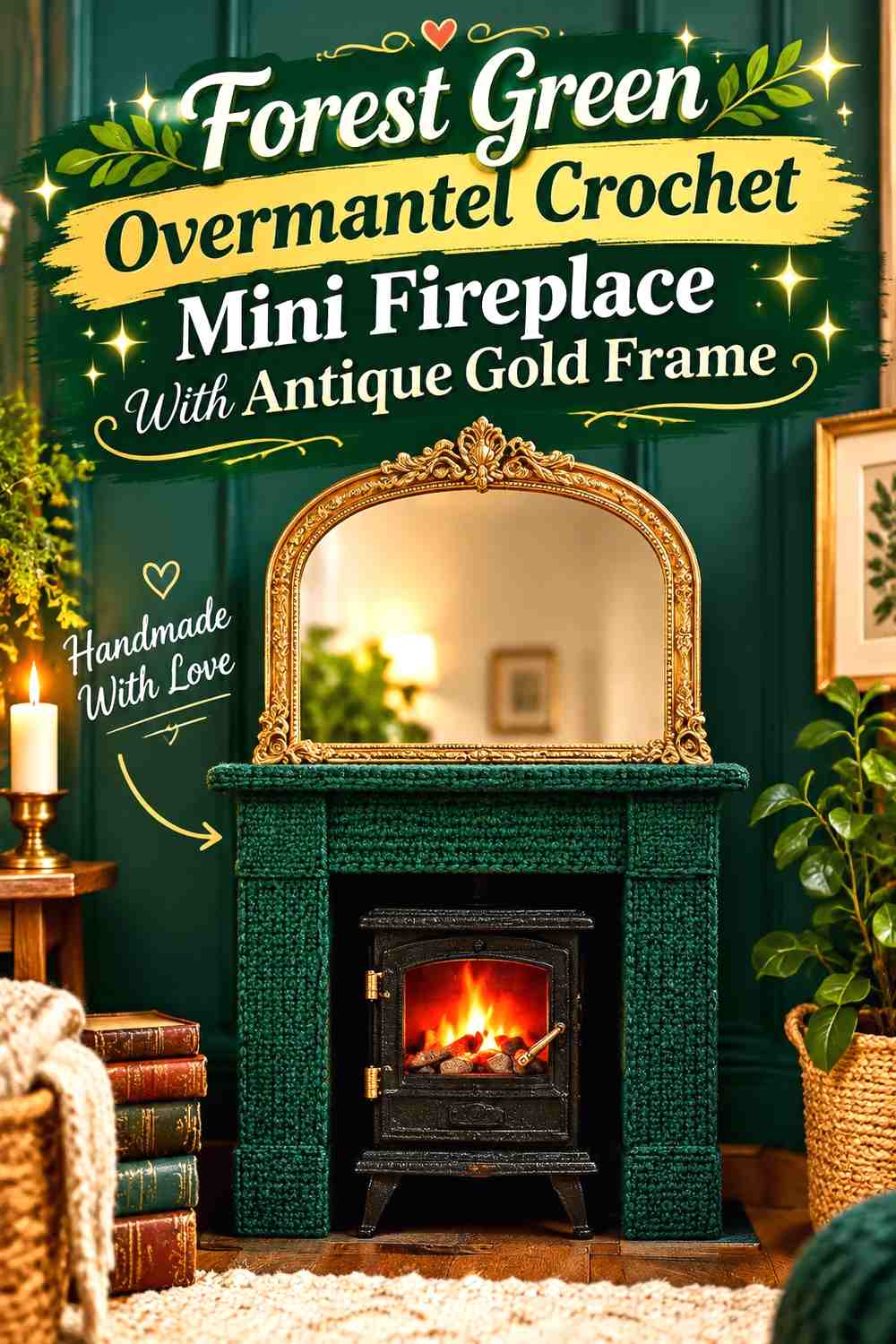 Forest Green Overmantel Crochet Mini Fireplace With Antique Gold Frame