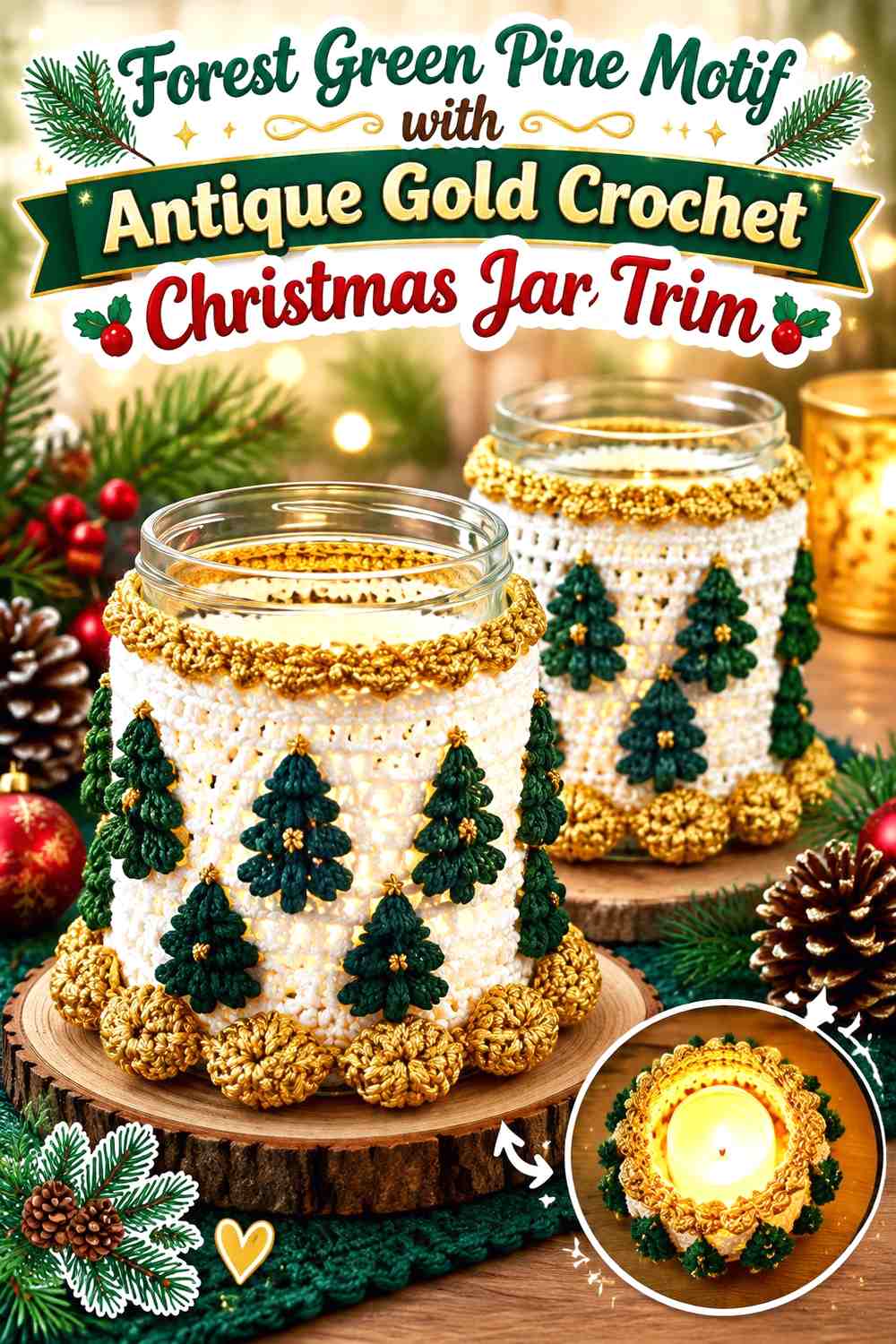 Forest Green Pine Motif with Antique Gold Crochet Christmas Jar Trim