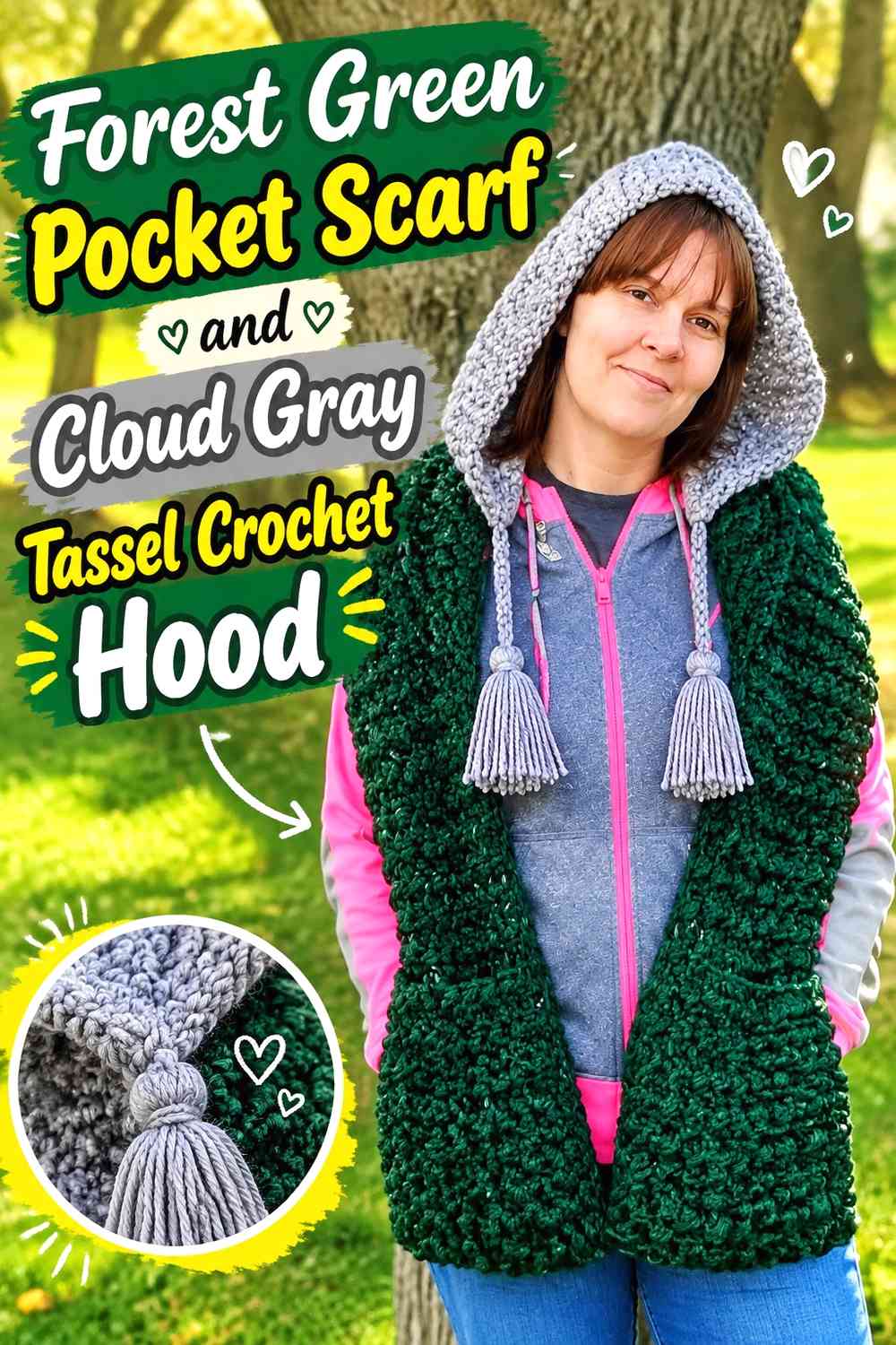 Forest Green Pocket Scarf and Cloud Gray Tassel Crochet Hood