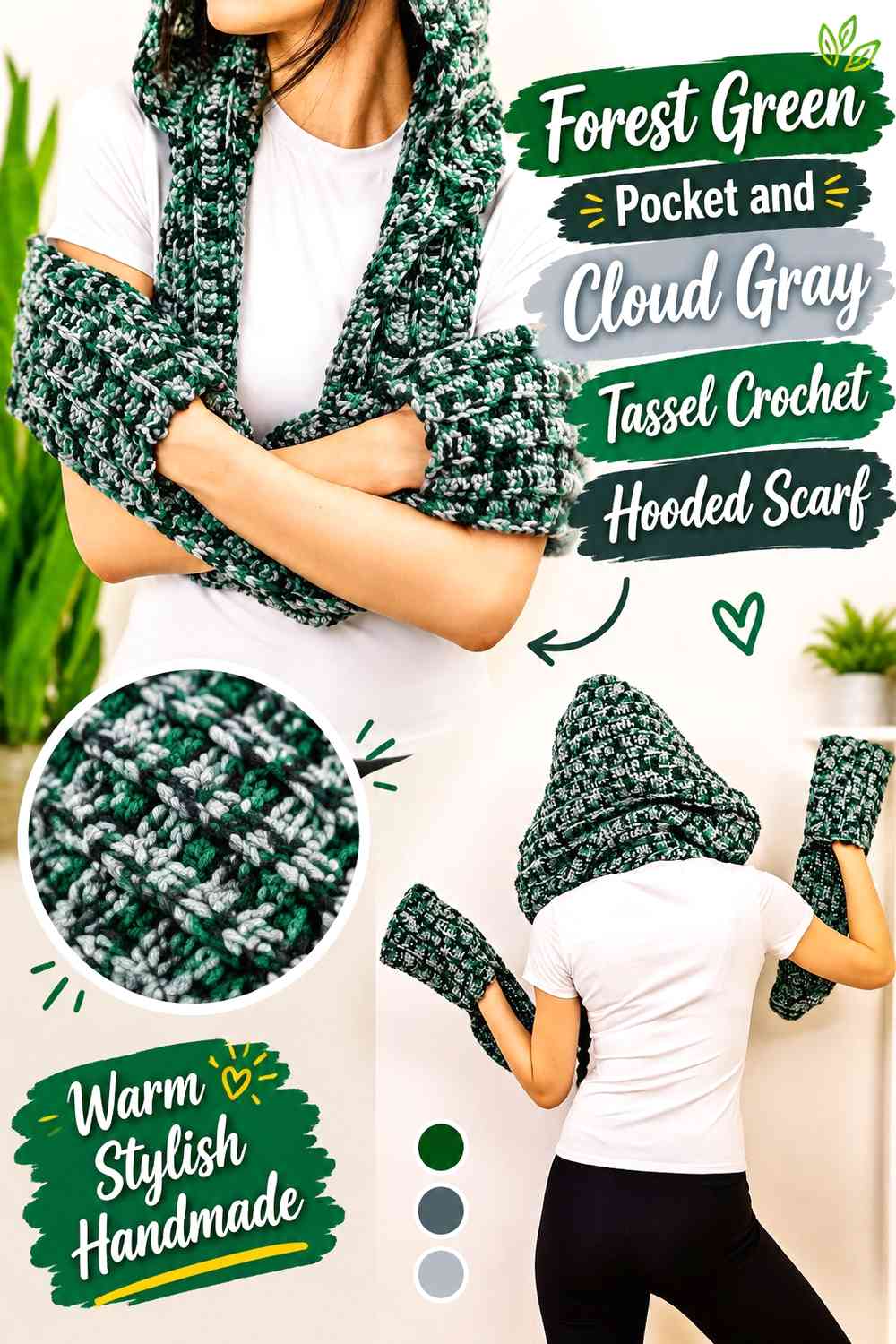 Forest Green Pocket and Cloud Gray Tassel Crochet Hooded Scarf