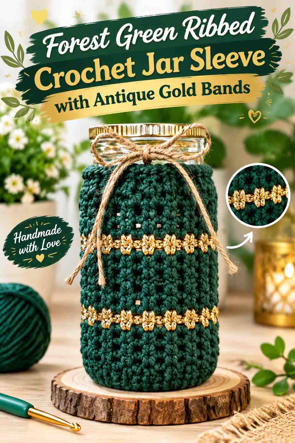 Forest Green Ribbed Crochet Jar Sleeve with Antique Gold Bands