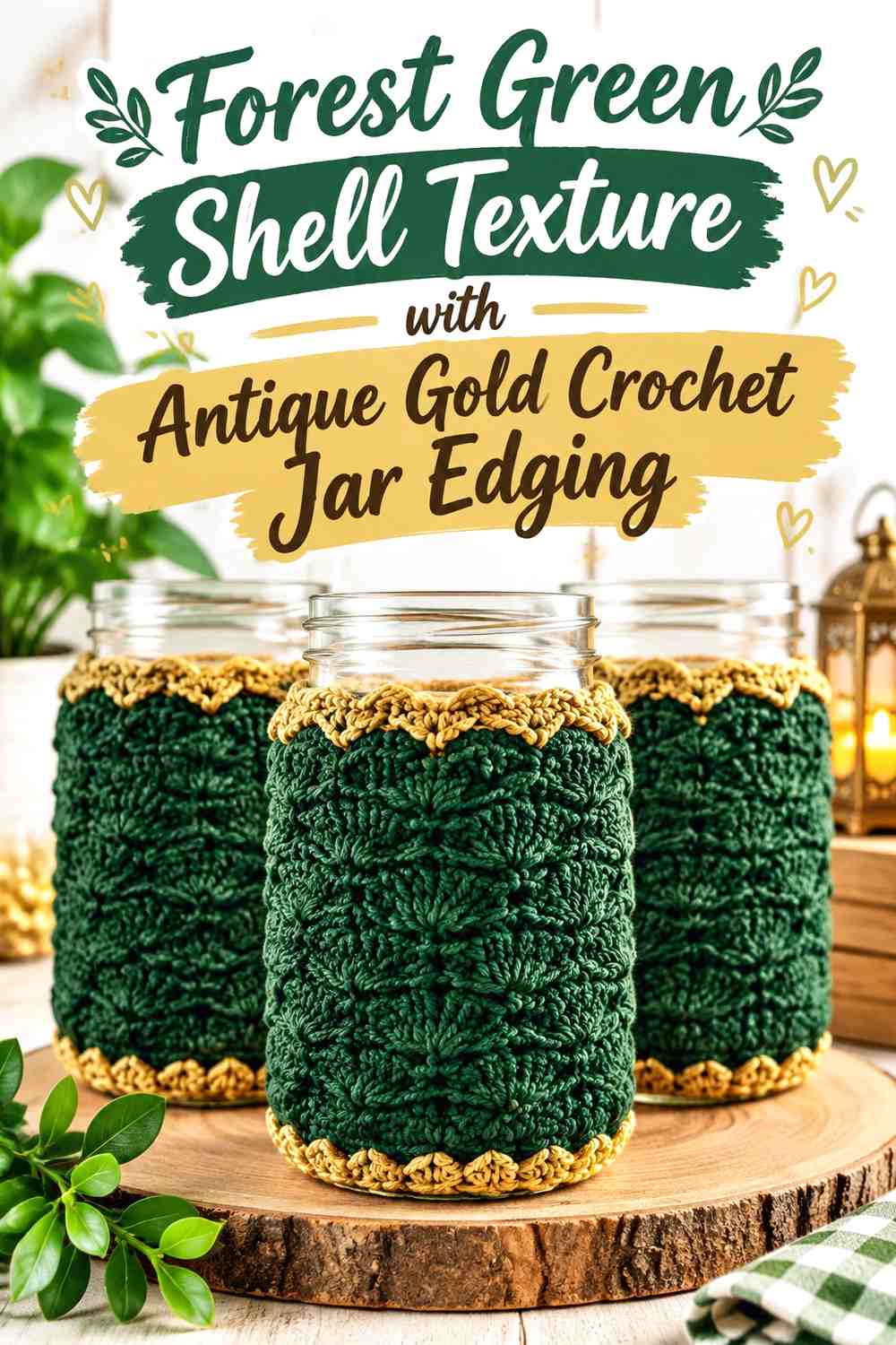 Forest Green Shell Texture with Antique Gold Crochet Jar Edging