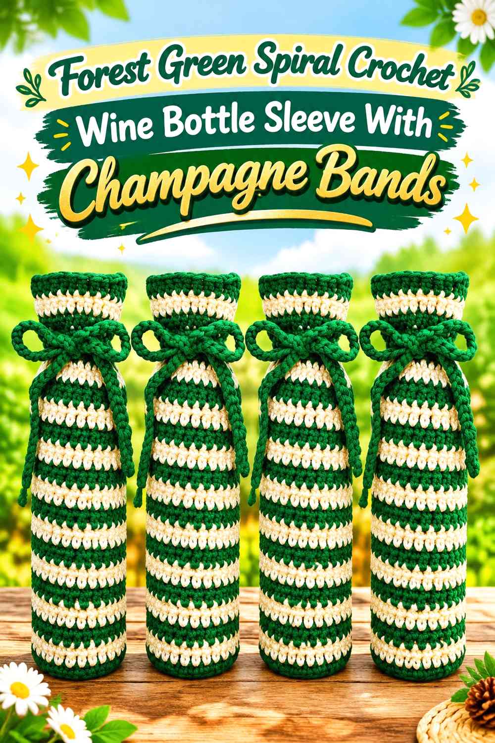 Forest Green Spiral Crochet Wine Bottle Sleeve With Champagne Bands