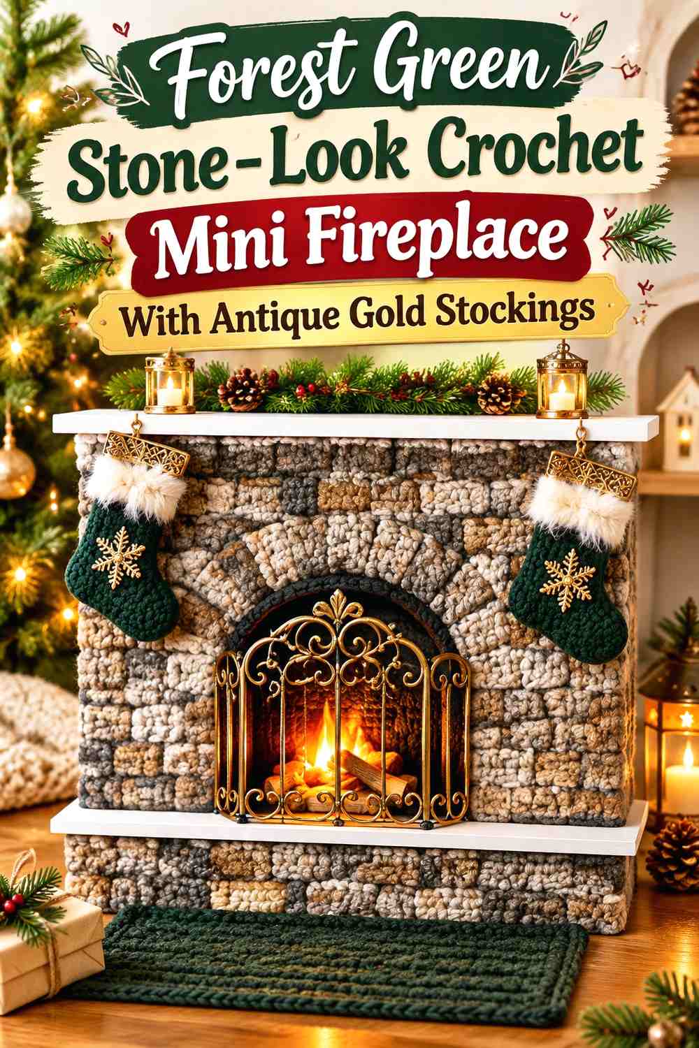 Forest Green Stone-Look Crochet Mini Fireplace With Antique Gold Stockings