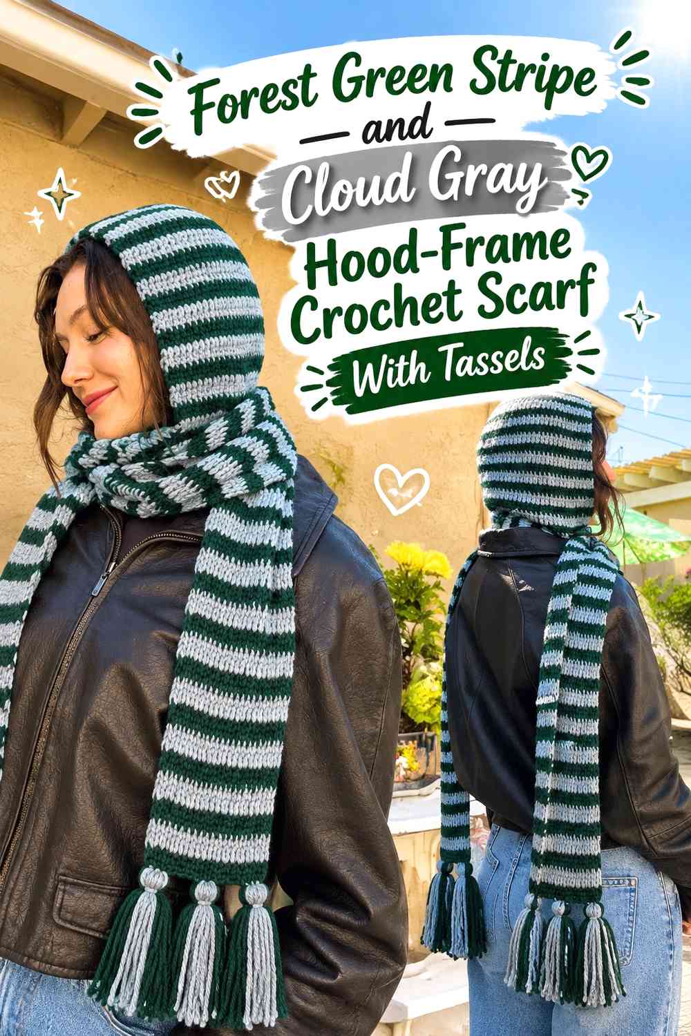 Forest Green Stripe and Cloud Gray Hood-Frame Crochet Scarf With Tassels