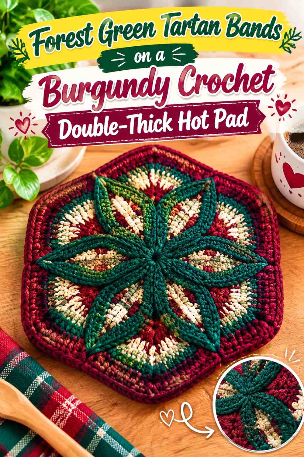 Forest Green Tartan Bands on a Burgundy Crochet Double-Thick Hot Pad