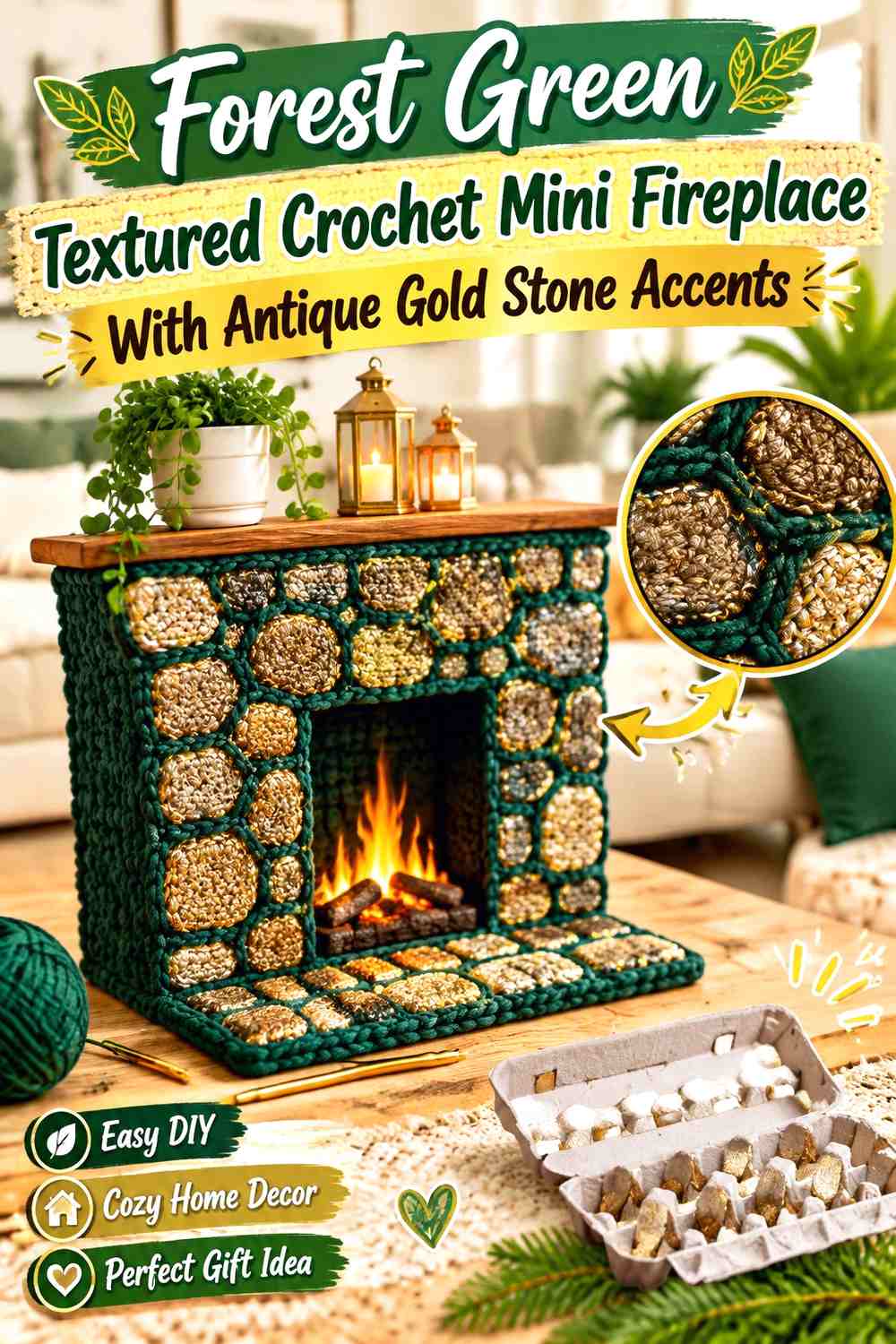 Forest Green Textured Crochet Mini Fireplace With Antique Gold Stone Accents