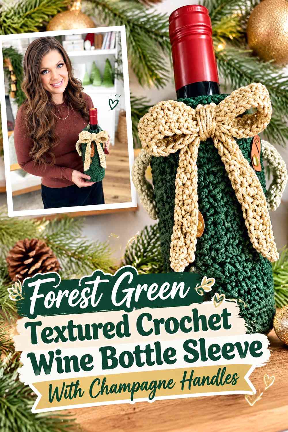 Forest Green Textured Crochet Wine Bottle Sleeve With Champagne Handles