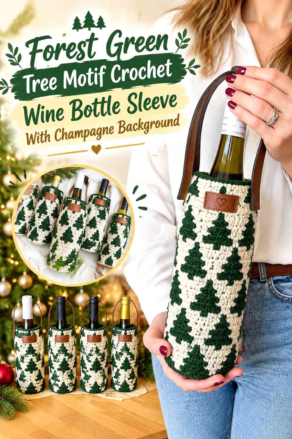 Forest Green Tree Motif Crochet Wine Bottle Sleeve With Champagne Background