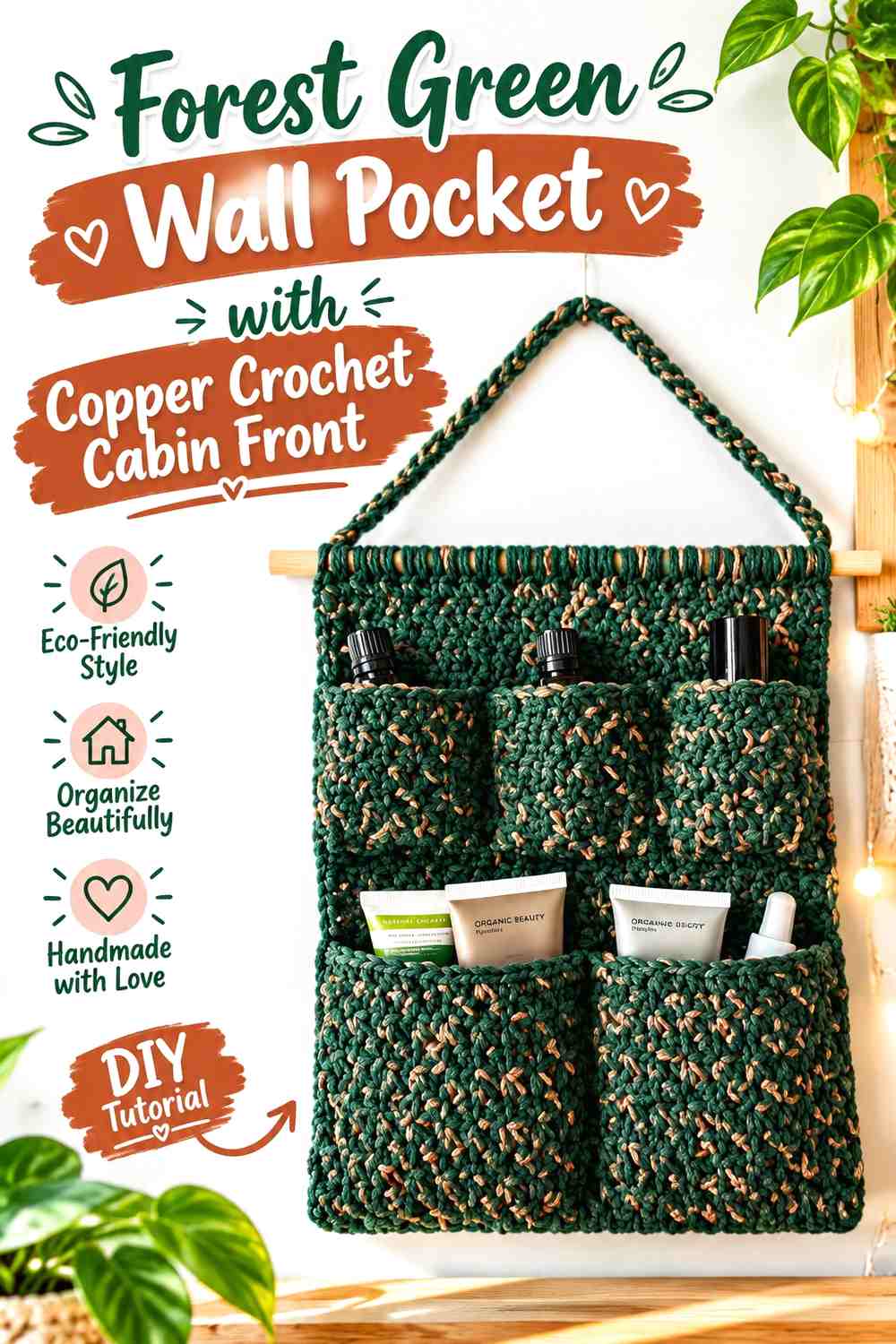 Forest Green Wall Pocket with Copper Crochet Cabin Front
