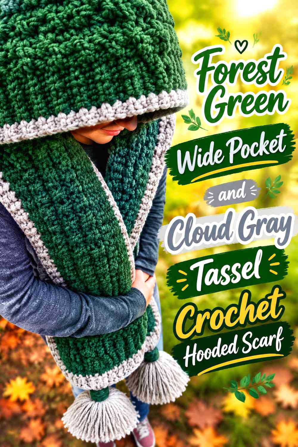 Forest Green Wide Pocket and Cloud Gray Tassel Crochet Hooded Scarf