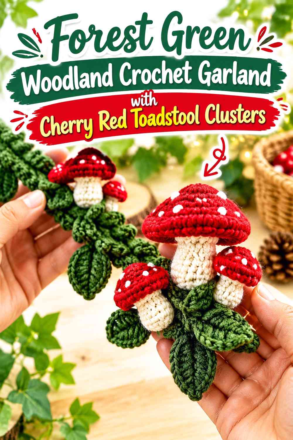 Forest Green Woodland Crochet Garland with Cherry Red Toadstool Clusters