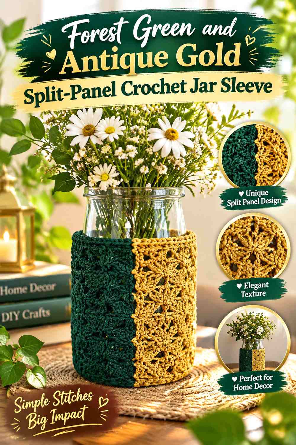 Forest Green and Antique Gold Split-Panel Crochet Jar Sleeve