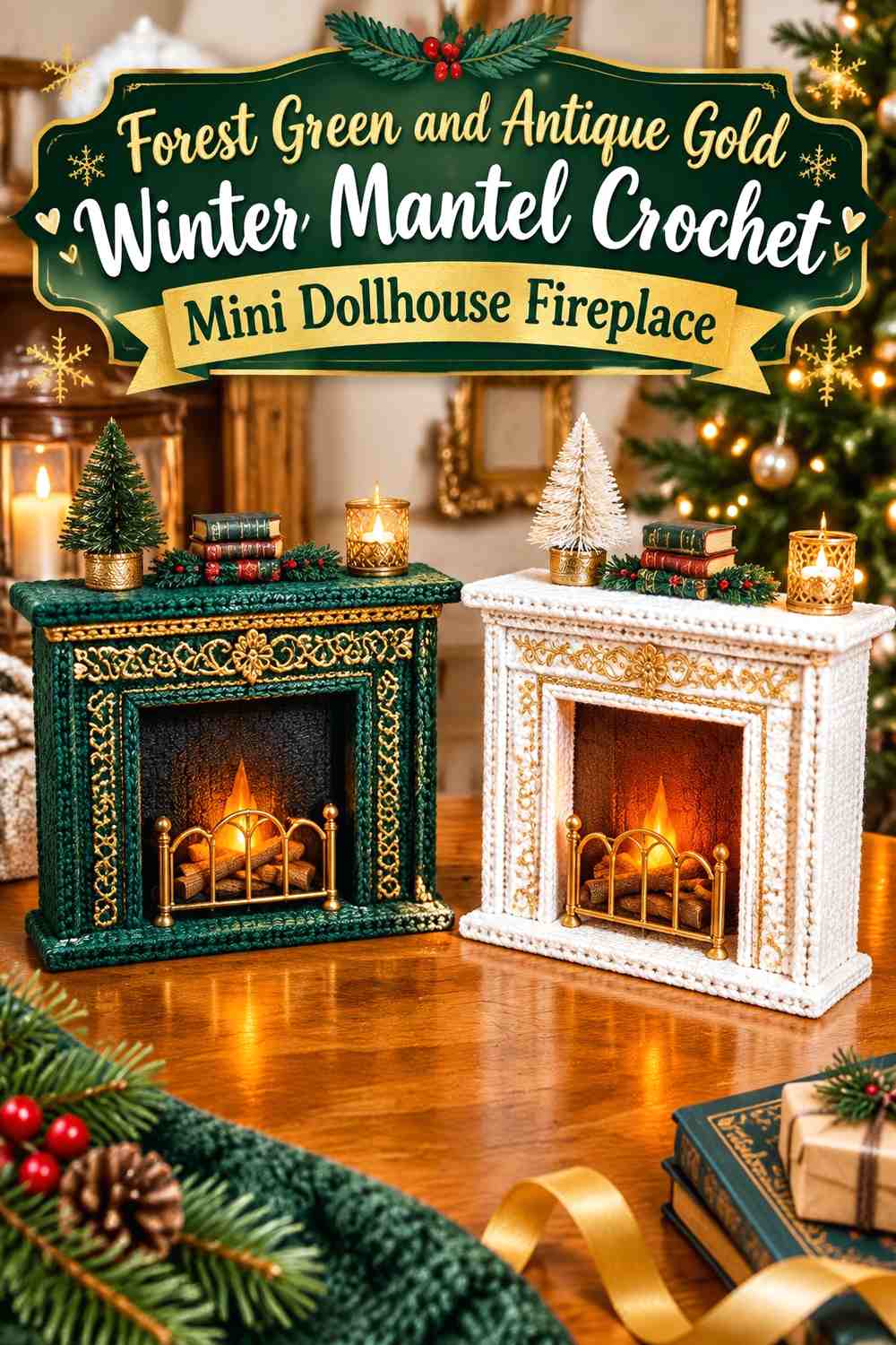Forest Green and Antique Gold Winter Mantel Crochet Mini Dollhouse Fireplace