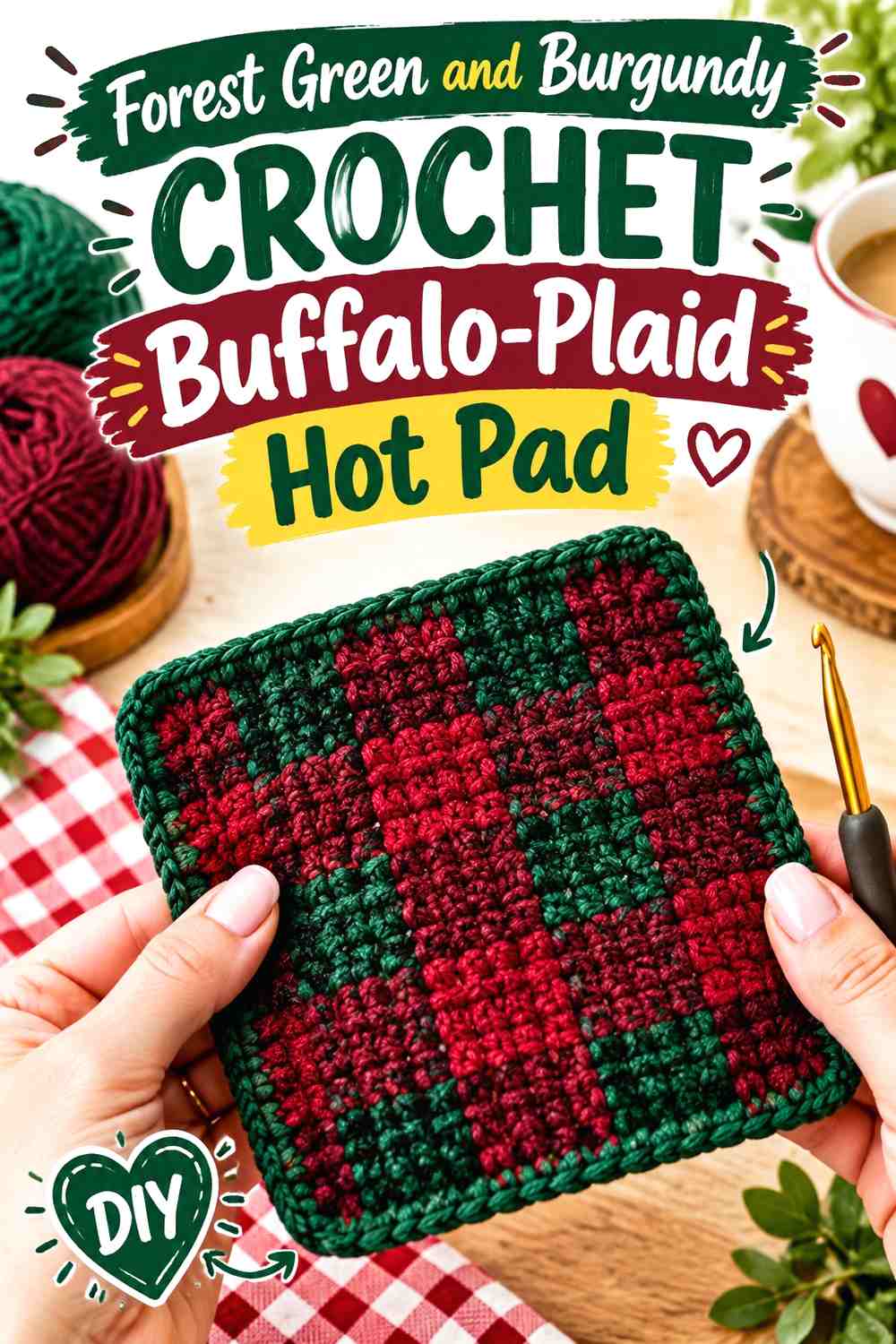 Forest Green and Burgundy Crochet Buffalo-Plaid Hot Pad