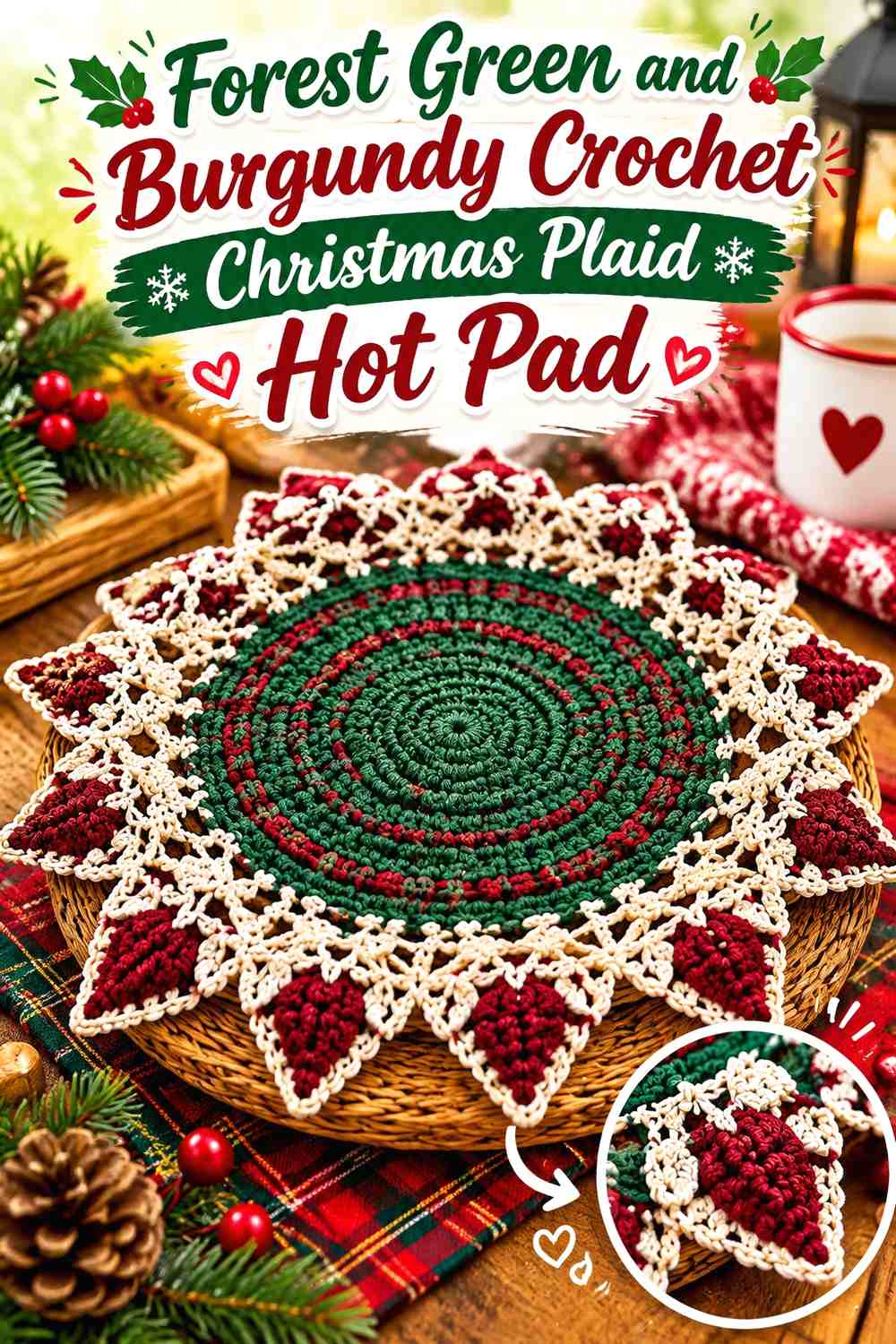 Forest Green and Burgundy Crochet Christmas Plaid Hot Pad