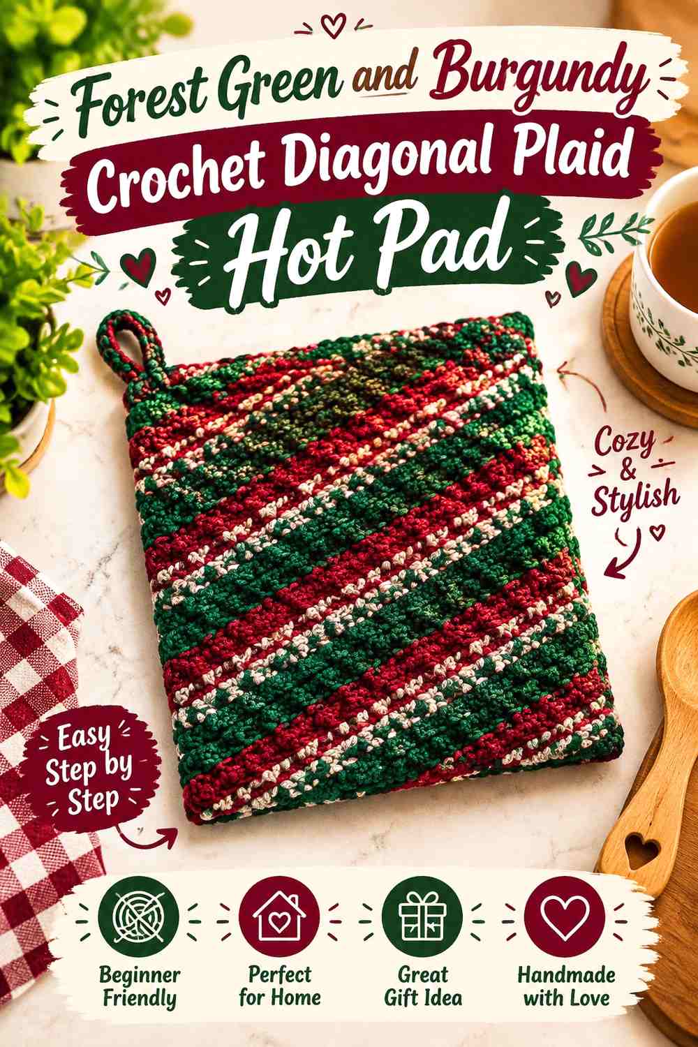 Forest Green and Burgundy Crochet Diagonal Plaid Hot Pad