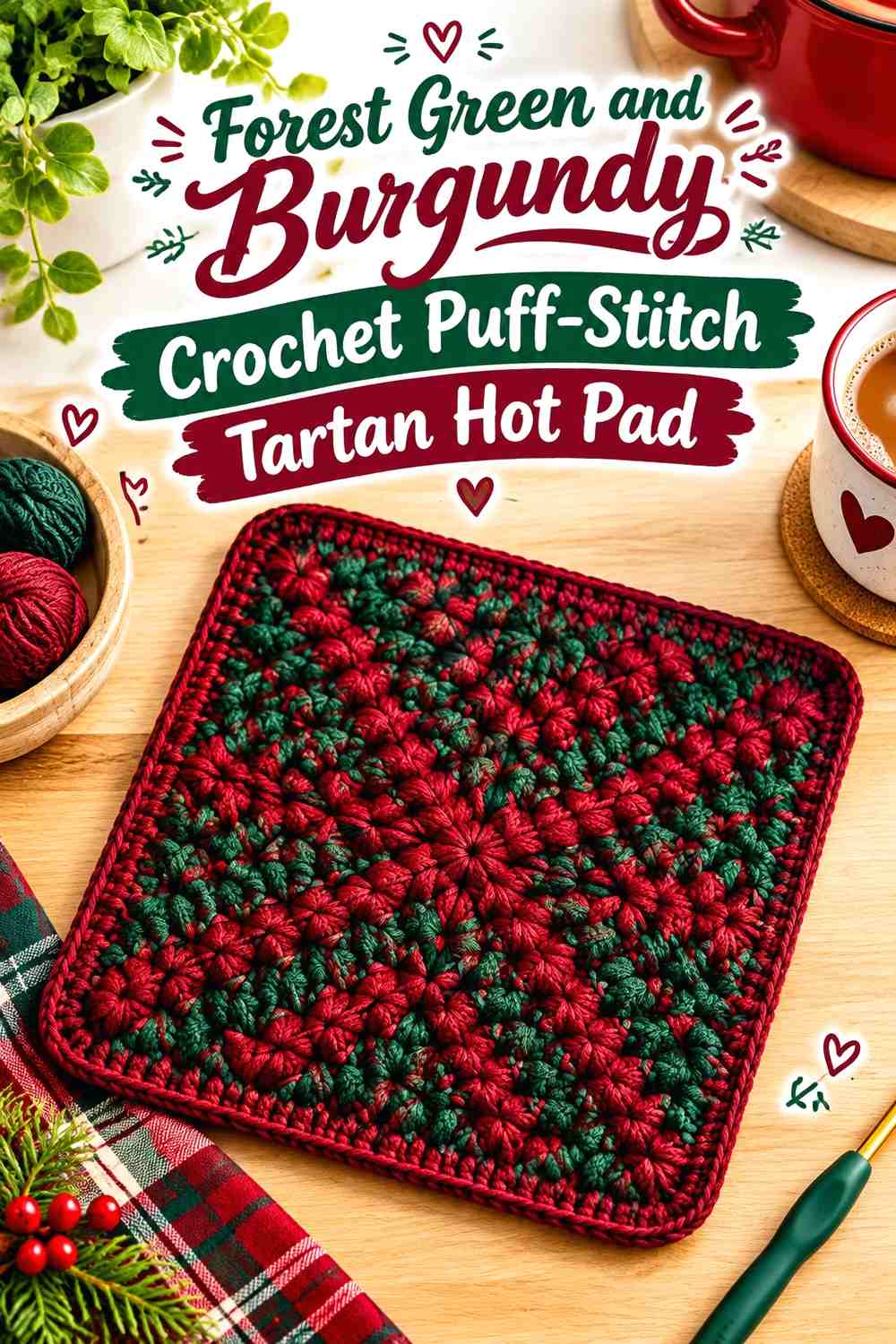 Forest Green and Burgundy Crochet Puff-Stitch Tartan Hot Pad