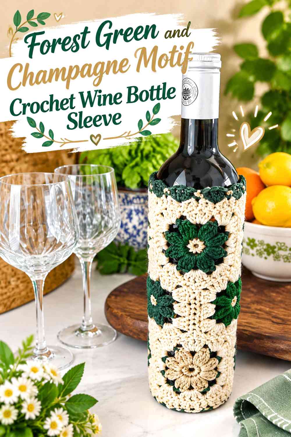 Forest Green and Champagne Motif Crochet Wine Bottle Sleeve