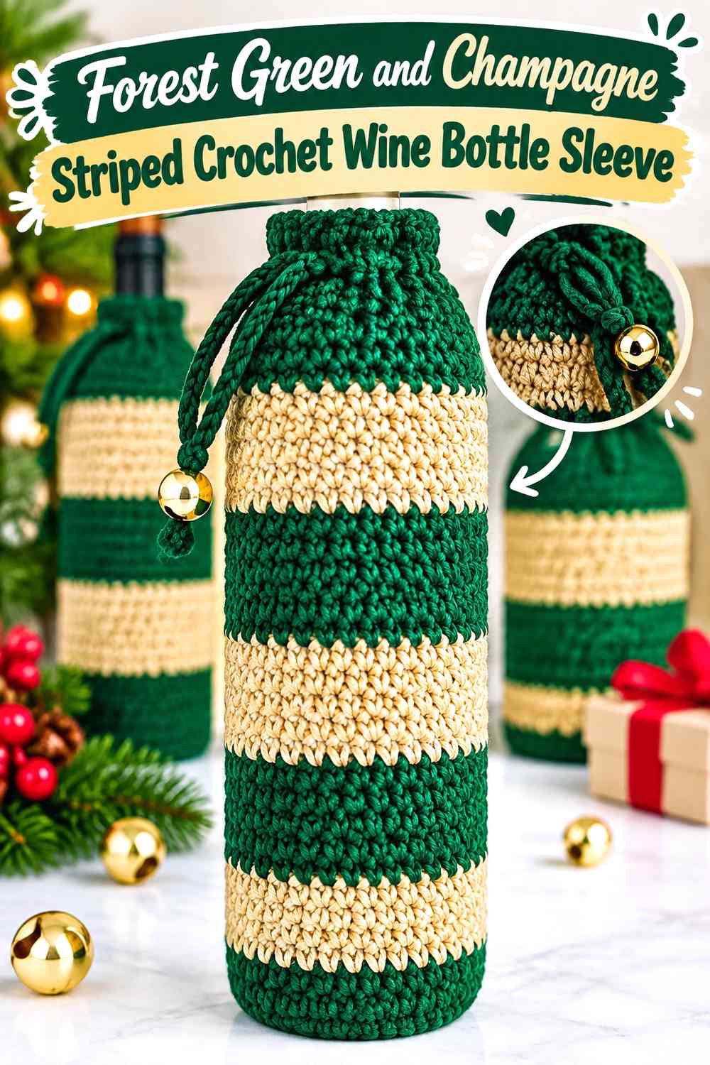 Forest Green and Champagne Striped Crochet Wine Bottle Sleeve