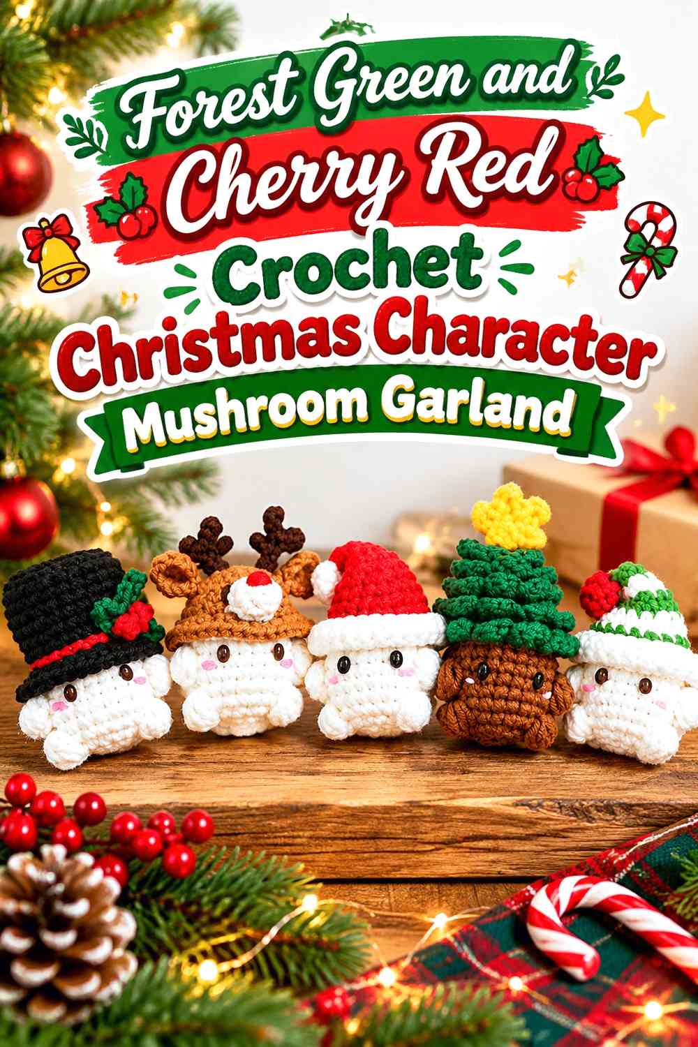 Forest Green and Cherry Red Crochet Christmas Character Mushroom Garland