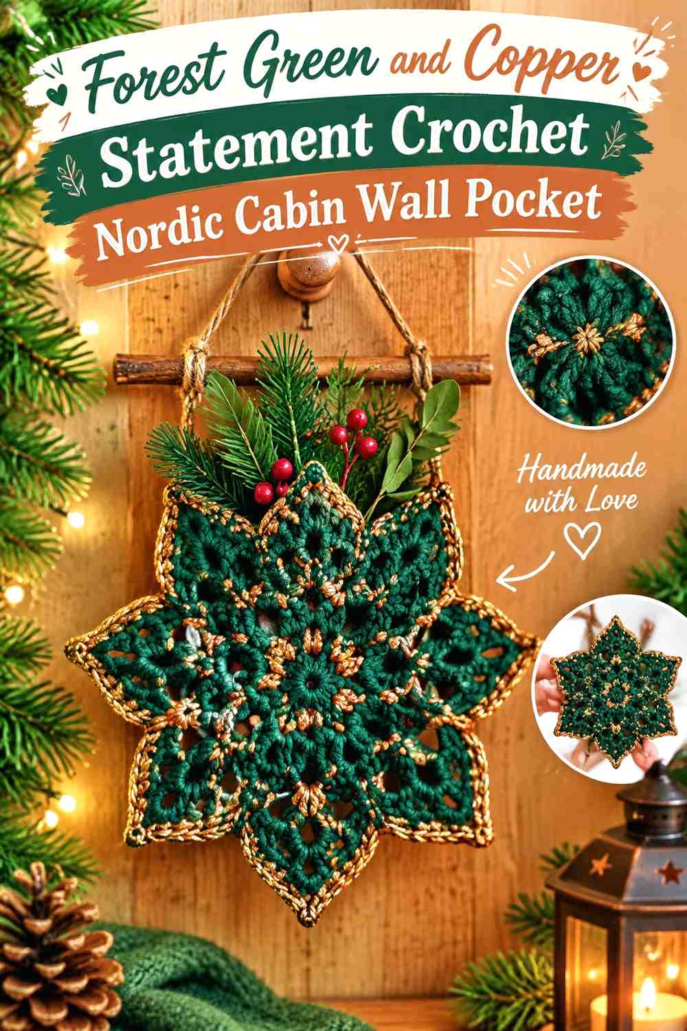 Forest Green and Copper Statement Crochet Nordic Cabin Wall Pocket