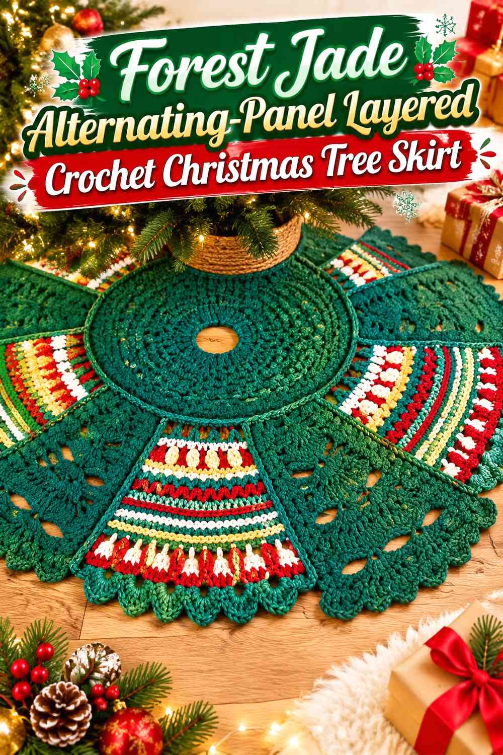 Forest Jade Alternating-Panel Layered Crochet Christmas Tree Skirt