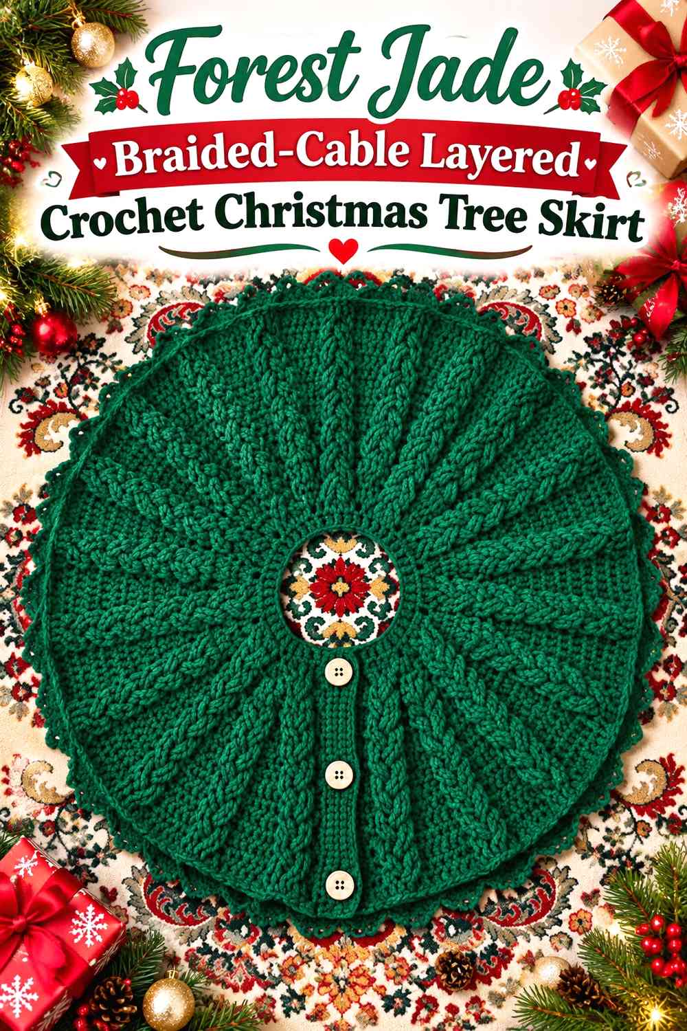Forest Jade Braided-Cable Layered Crochet Christmas Tree Skirt