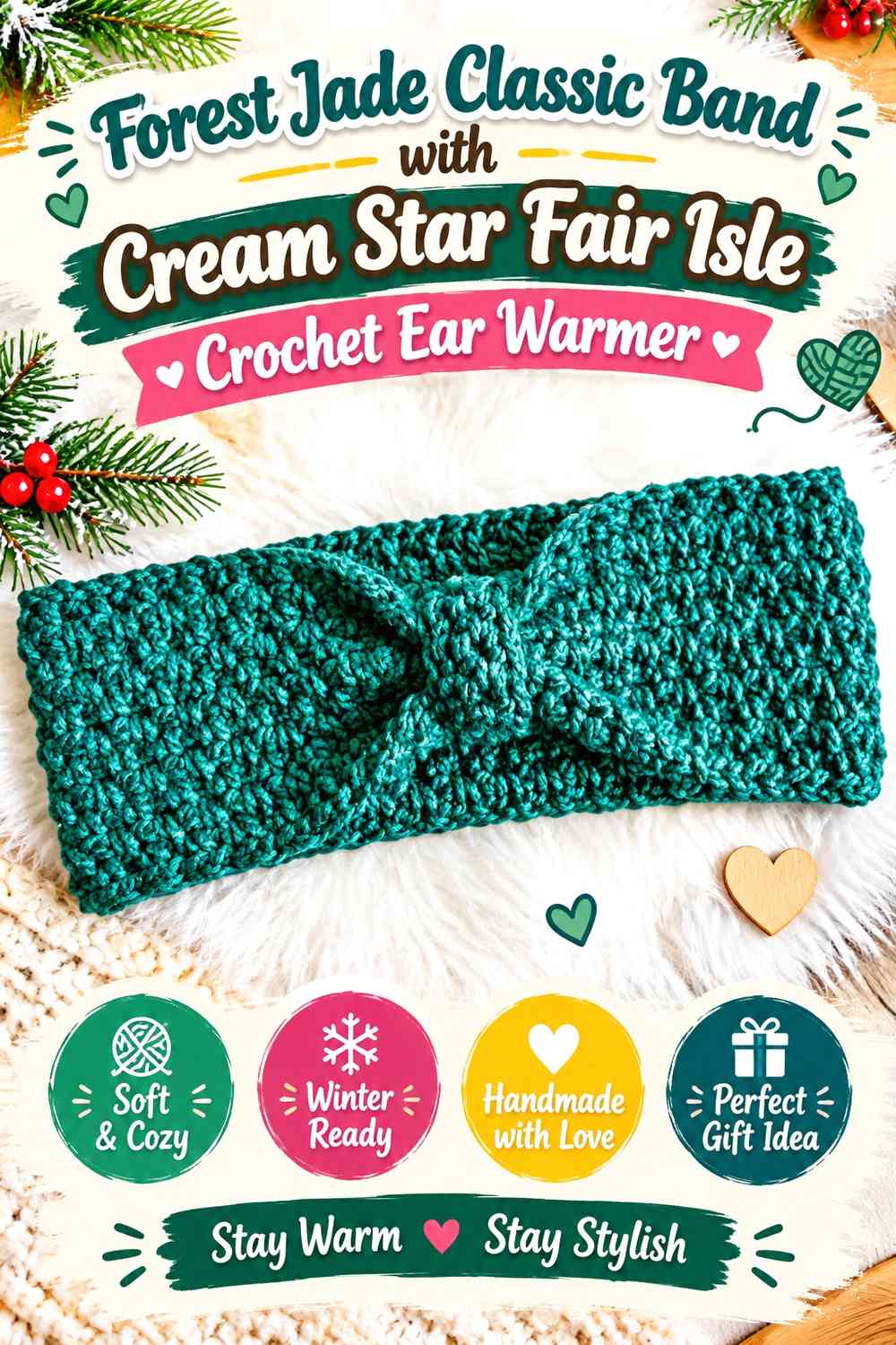 Forest Jade Classic Band with Cream Star Fair Isle Crochet Ear Warmer