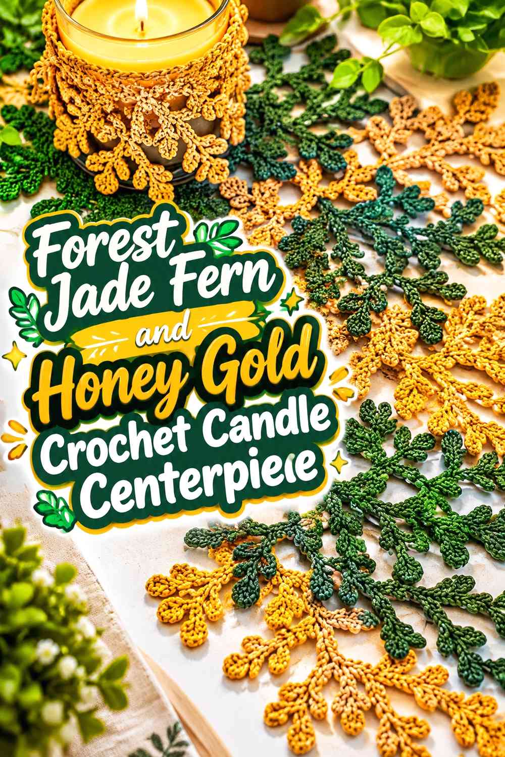 Forest Jade Fern and Honey Gold Crochet Candle Centerpiece