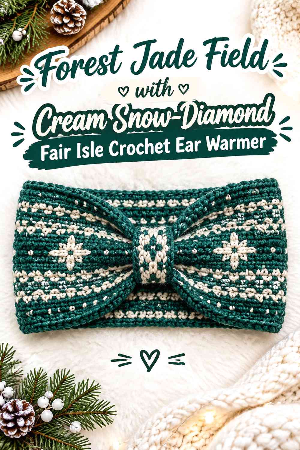 Forest Jade Field with Cream Snow-Diamond Fair Isle Crochet Ear Warmer