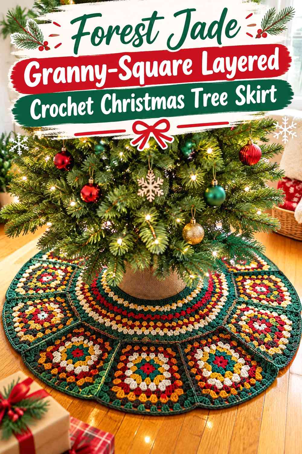 Forest Jade Granny-Square Layered Crochet Christmas Tree Skirt