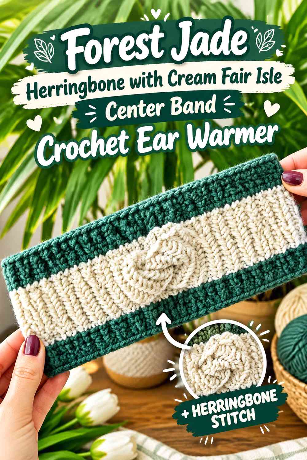 Forest Jade Herringbone with Cream Fair Isle Center Band Crochet Ear Warmer