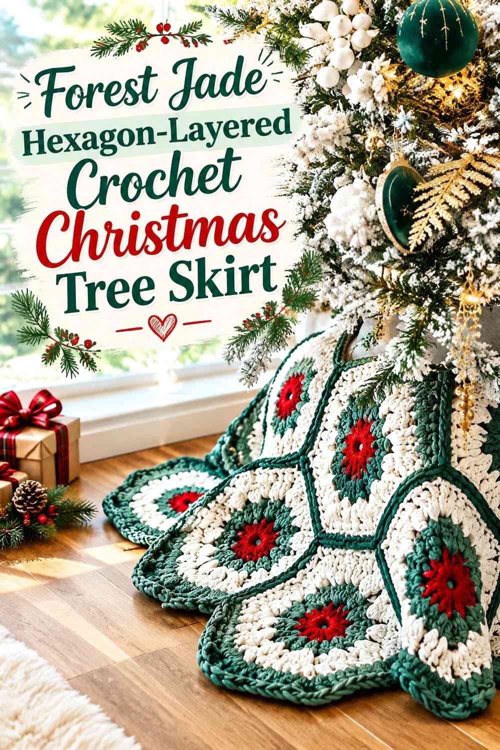 Forest Jade Hexagon-Layered Crochet Christmas Tree Skirt