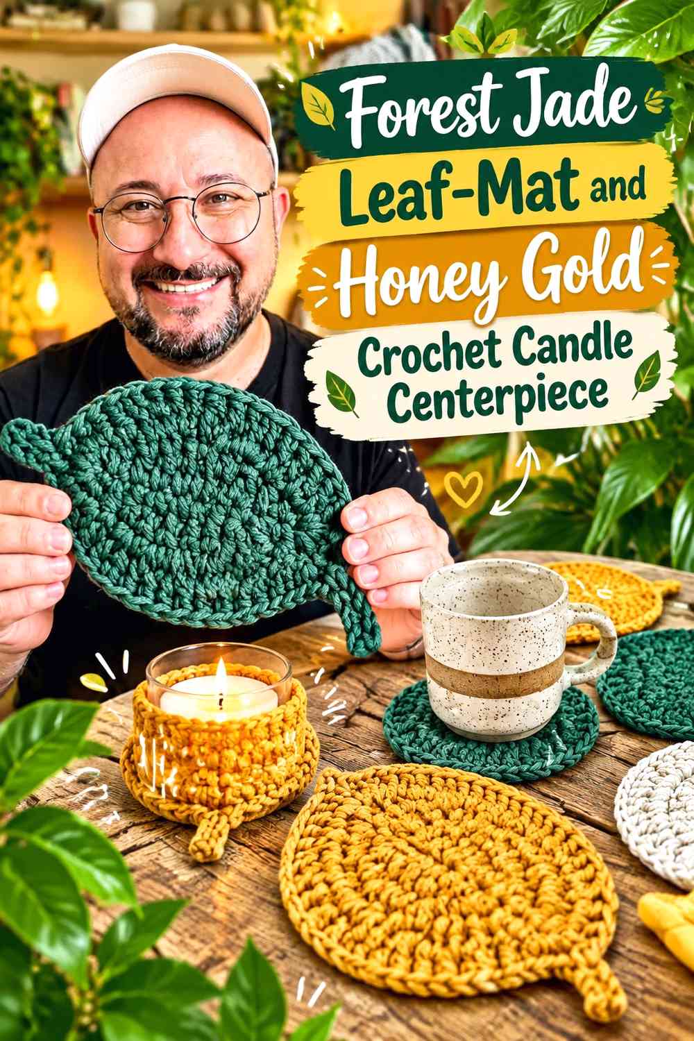 Forest Jade Leaf-Mat and Honey Gold Crochet Candle Centerpiece