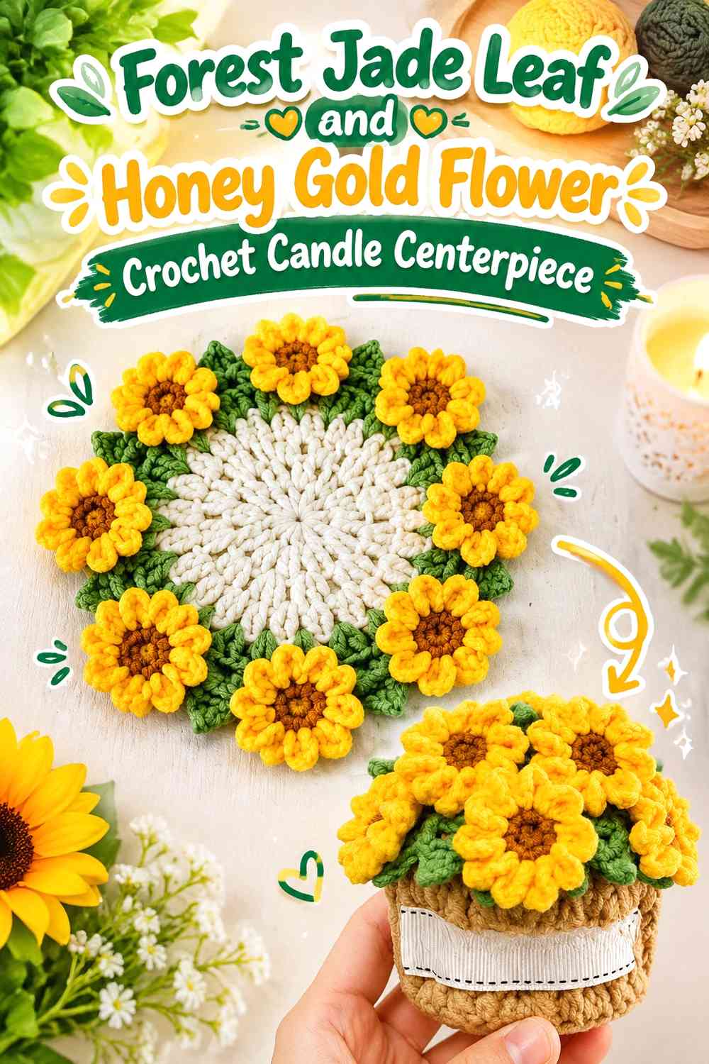 Forest Jade Leaf and Honey Gold Flower Crochet Candle Centerpiece