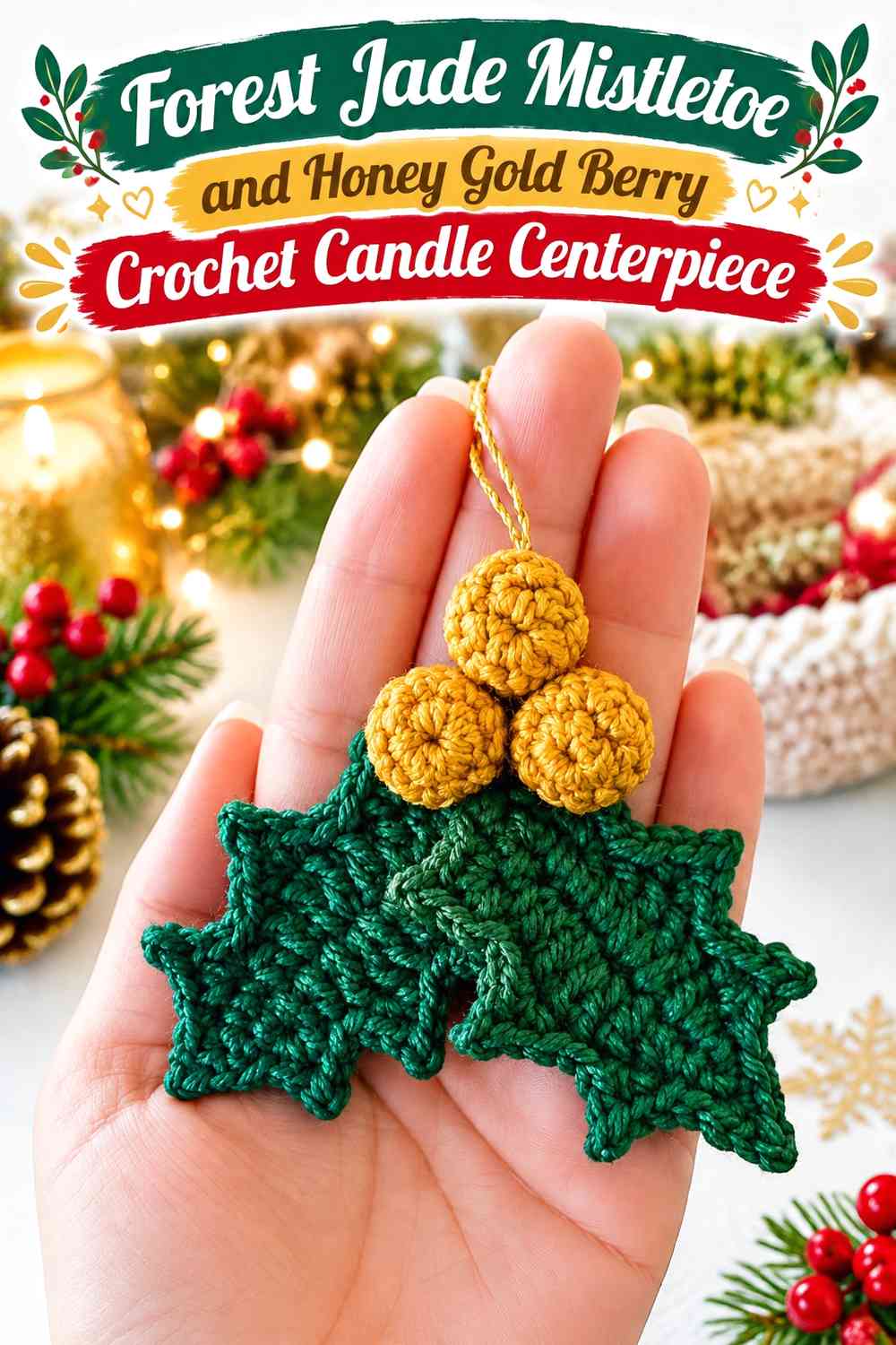 Forest Jade Mistletoe and Honey Gold Berry Crochet Candle Centerpiece
