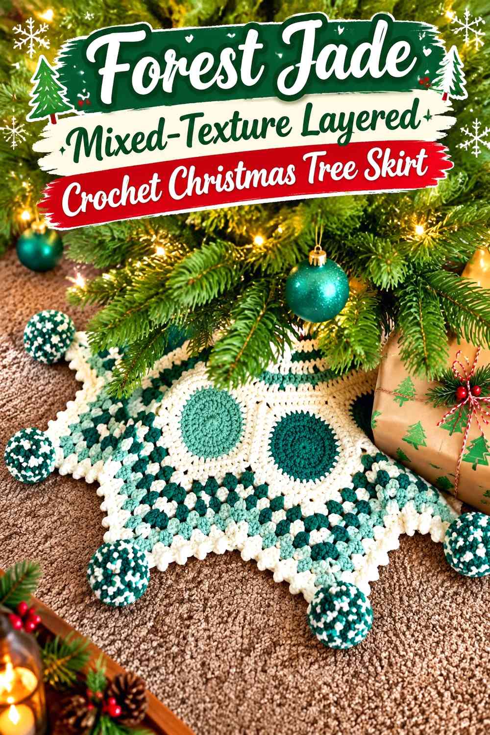 Forest Jade Mixed-Texture Layered Crochet Christmas Tree Skirt