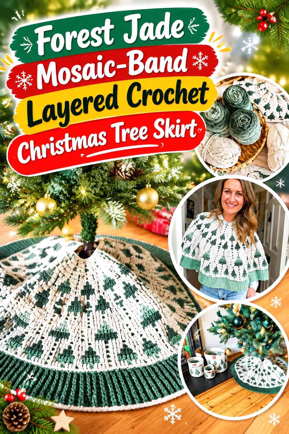 Forest Jade Mosaic-Band Layered Crochet Christmas Tree Skirt