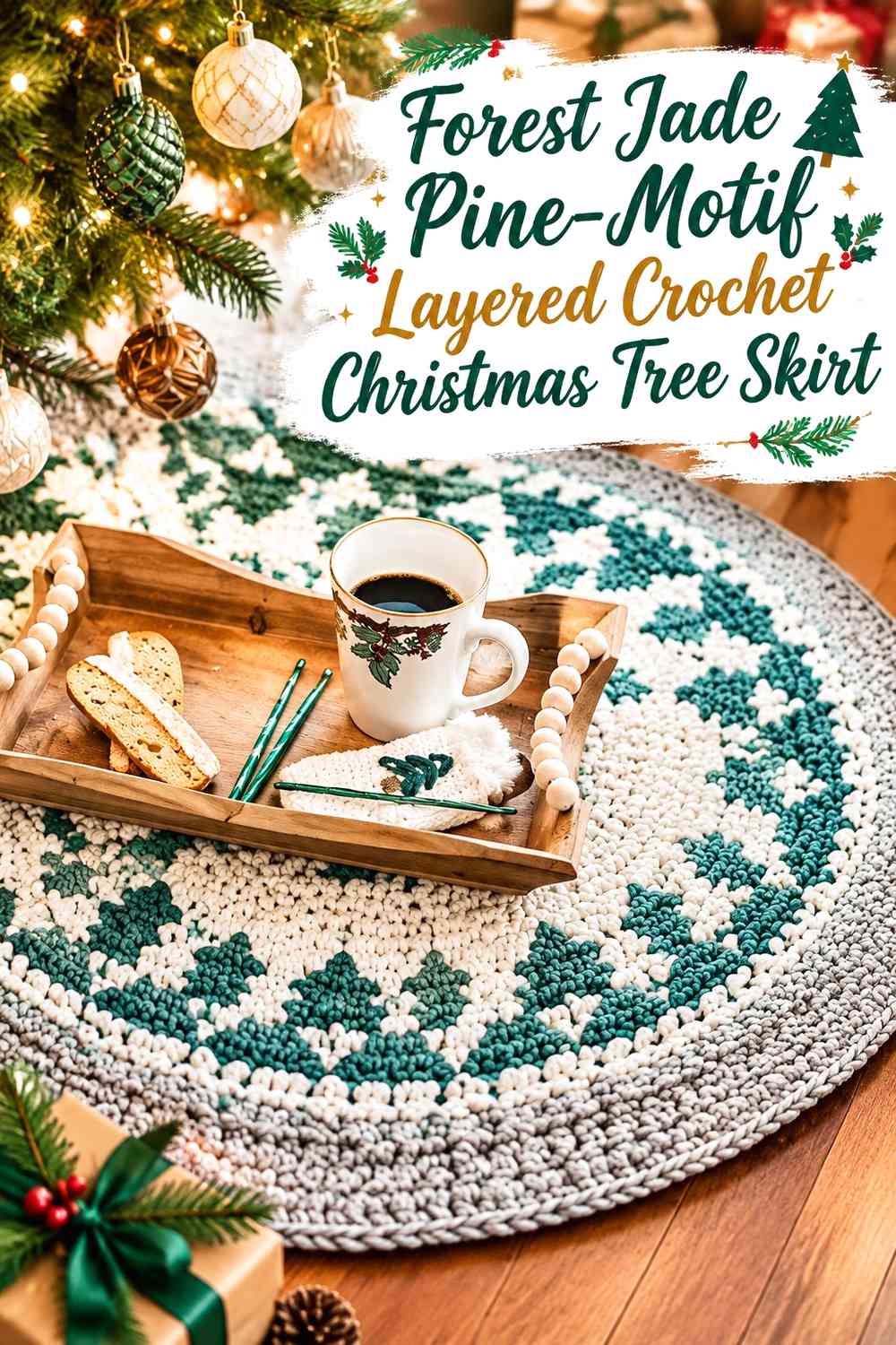 Forest Jade Pine-Motif Layered Crochet Christmas Tree Skirt