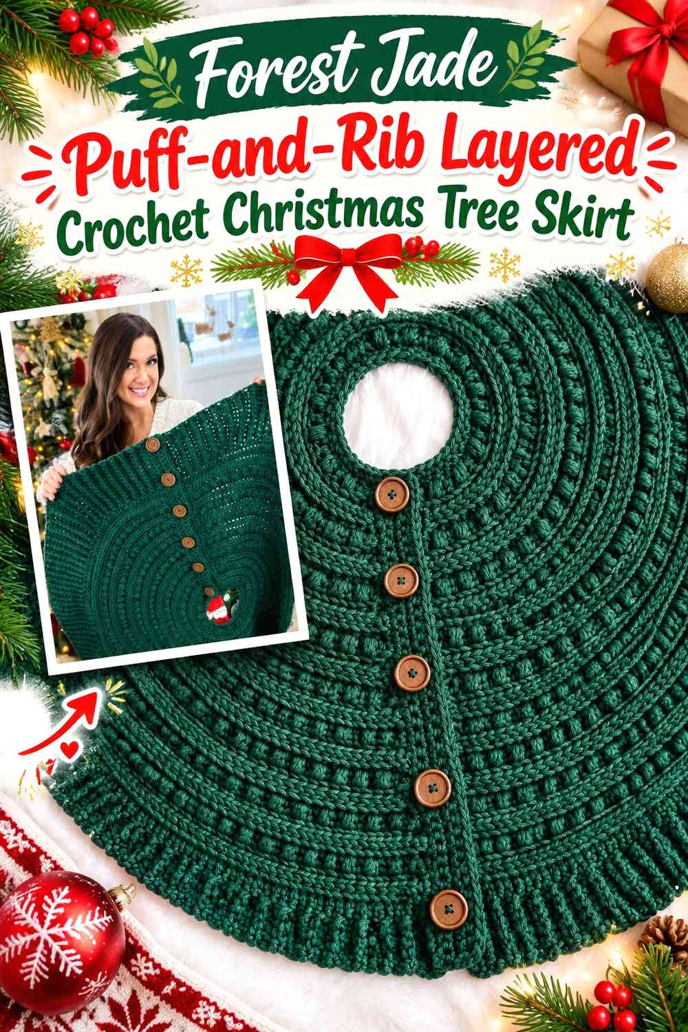 Forest Jade Puff-and-Rib Layered Crochet Christmas Tree Skirt