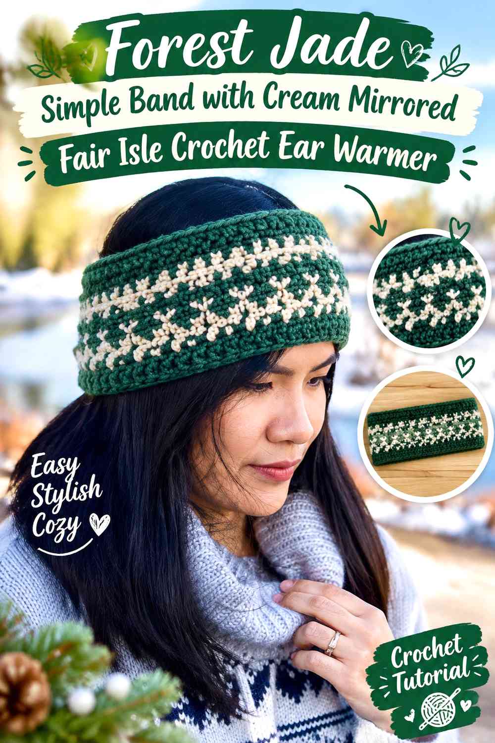 Forest Jade Simple Band with Cream Mirrored Fair Isle Crochet Ear Warmer