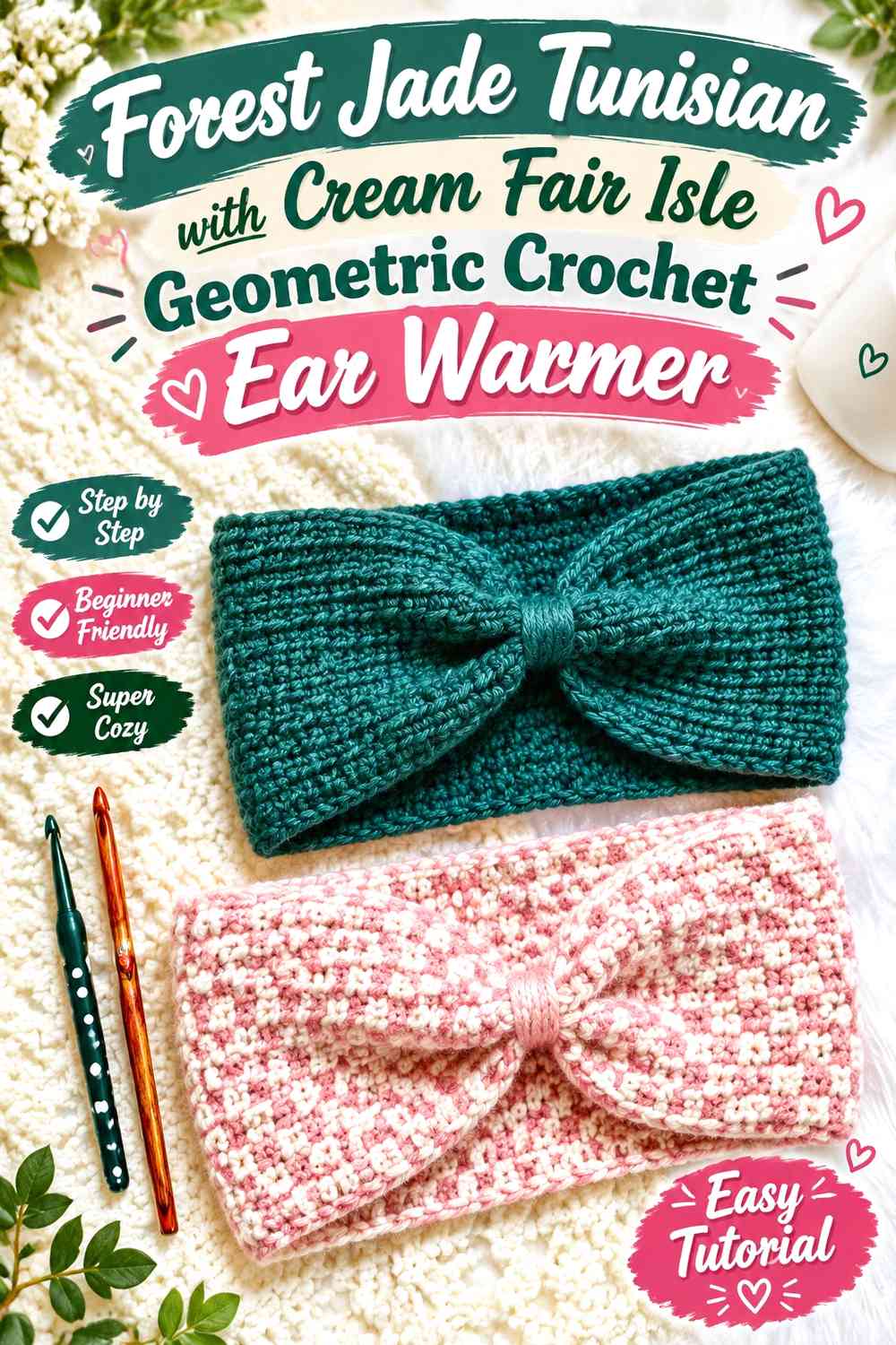 Forest Jade Tunisian with Cream Fair Isle Geometric Crochet Ear Warmer