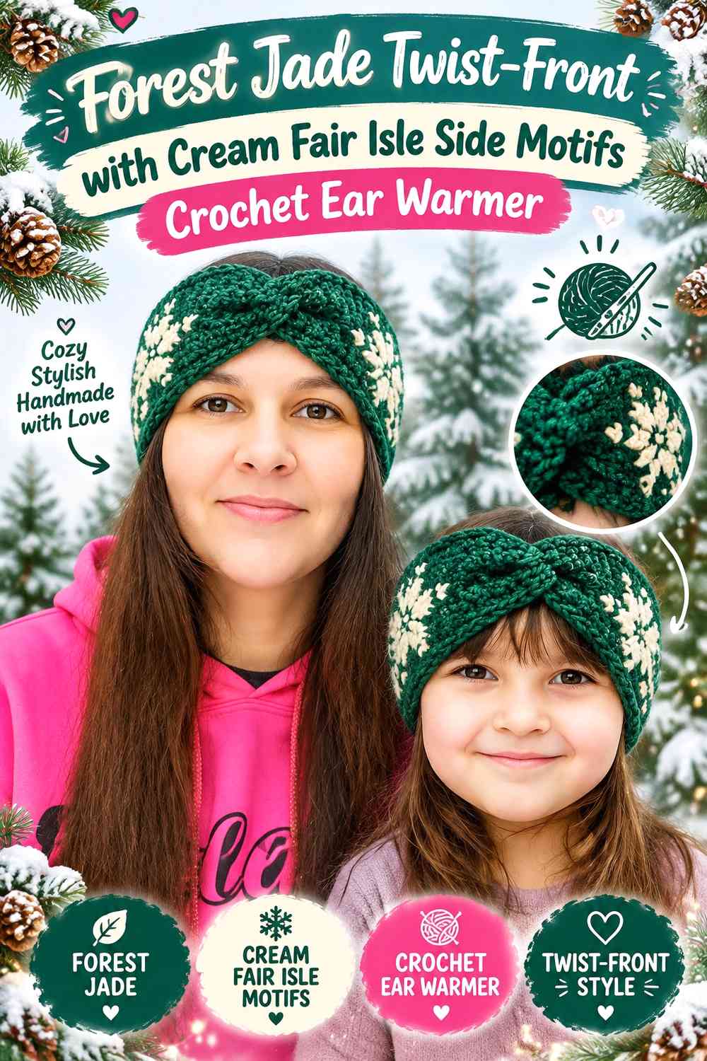Forest Jade Twist-Front with Cream Fair Isle Side Motifs Crochet Ear Warmer